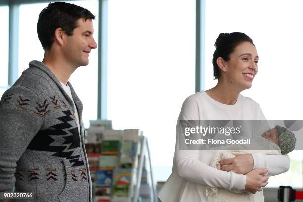 New Zealand Prime Minister Jacinda Ardern and partner Clarke Gayford pose for a photo with their new baby girl Neve te Aroha Ardern Gayford on June...