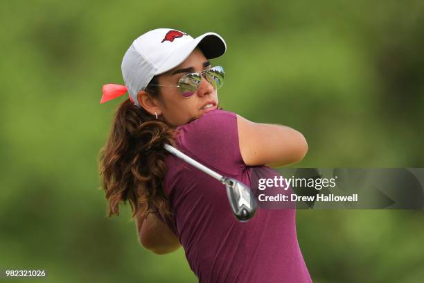 Maria Fassi of Mexico plays her tee shot on the 16th hole during the second round of the Walmart NW Arkansas Championship Presented by P&G at...