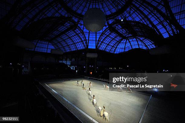 The equerries of the Academy of Equestrian Arts practice during a rehearsal of "Charivari Equestre" , choreographed by Bartabas, the artistic...