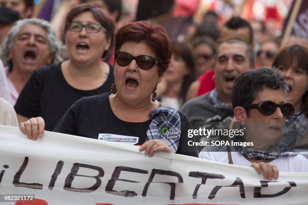 Protester chanting slogans demanding the release of the youth of Altsasu. Thousands of demonstrators marched in support of young people from Altsasu...