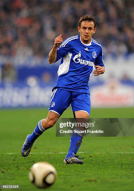 Rafinha of Schalke in action during the Bundesliga match between FC Schalke 04 and FC Bayern Muenchen at the Veltins Arena on April 3, 2010 in...