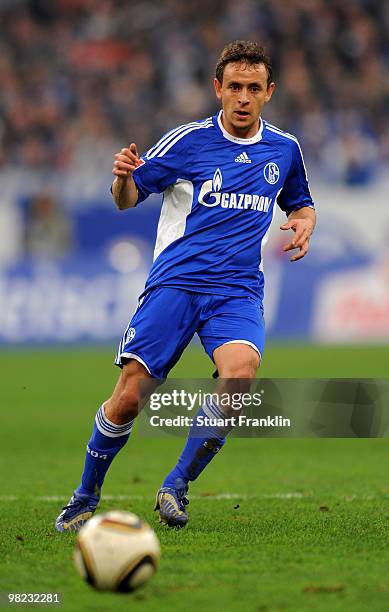 Rafinha of Schalke in action during the Bundesliga match between FC Schalke 04 and FC Bayern Muenchen at the Veltins Arena on April 3, 2010 in...