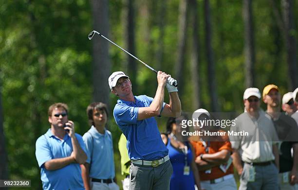 Vaughn Taylor hits his third shot on the fifth hole during the third round of the Shell Houston Open at Redstone Golf Club on April 3, 2010 in...