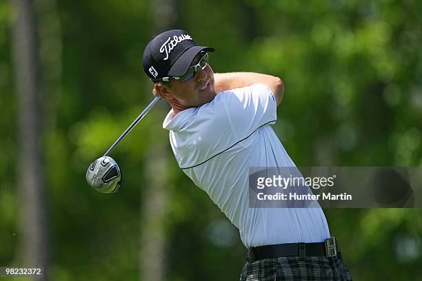 Bryce Molder hits his tee shot on the sixth hole during the third round of the Shell Houston Open at Redstone Golf Club on April 3, 2010 in Humble,...