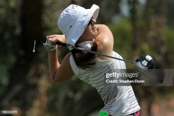 Sandra Gal of Germany hits her tee shot on the third hole during the third round of the Kraft Nabisco Championship at Mission Hills Country Club on...