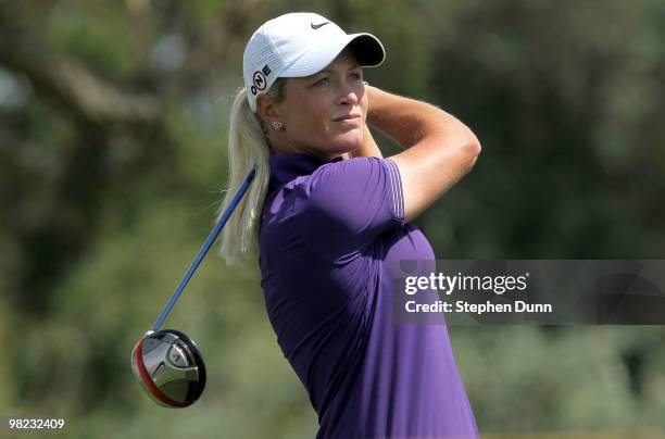 Suzann Pettersen of Norway hits her tee shot on the third hole during the third round of the Kraft Nabisco Championship at Mission Hills Country Club...