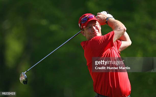 Woody Austin hits his tee shot on the second hole during the third round of the Shell Houston Open at Redstone Golf Club on April 3, 2010 in Humble,...
