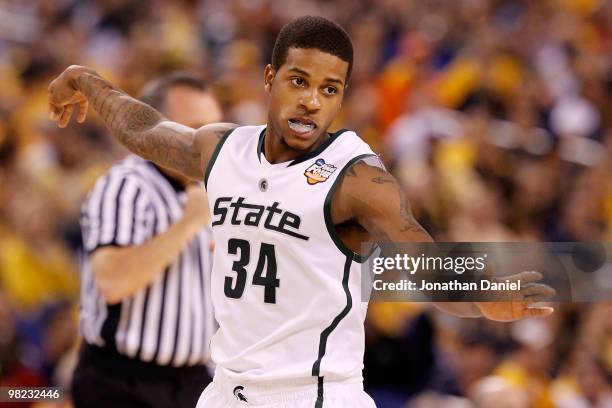 Korie Lucious of the Michigan State Spartans looks on against the Butler Bulldogs during the National Semifinal game of the 2010 NCAA Division I...