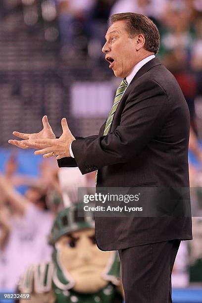 Head coach Tom Izzo of the Michigan State Spartans reacts from the sideline in the first half while taking on the Butler Bulldogs during the National...