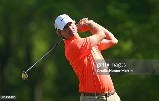 Lucas Glover hits his tee shot on the second hole during the third round of the Shell Houston Open at Redstone Golf Club on April 3, 2010 in Humble,...