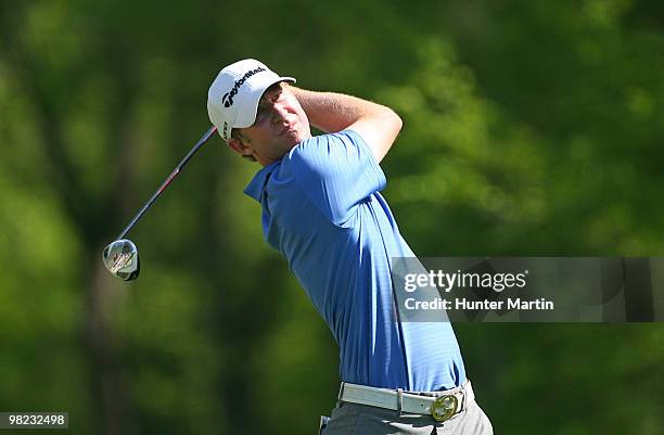 Vaughn Taylor hits his tee shot on the second hole during the third round of the Shell Houston Open at Redstone Golf Club on April 3, 2010 in Humble,...