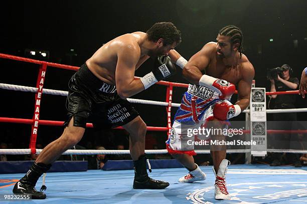 David Haye of England hits out at John Ruiz of USA during the World Heavyweight Bout at the MEN Arena on April 3, 2010 in Manchester, England.