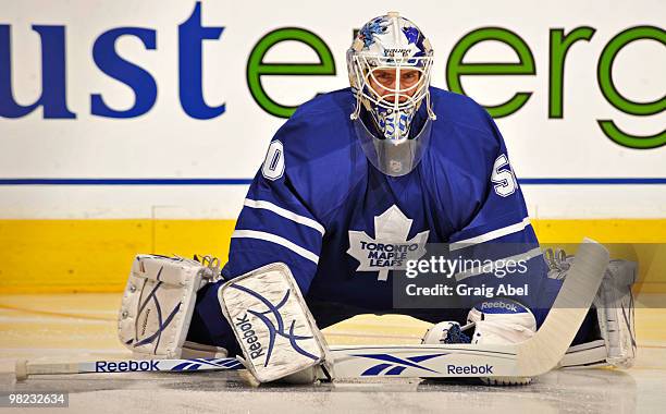Jonas Gustavsson of the Toronto Maple Leafs looks on during warm up prior to game action against the Boston Bruins April 3, 2010 at the Air Canada...