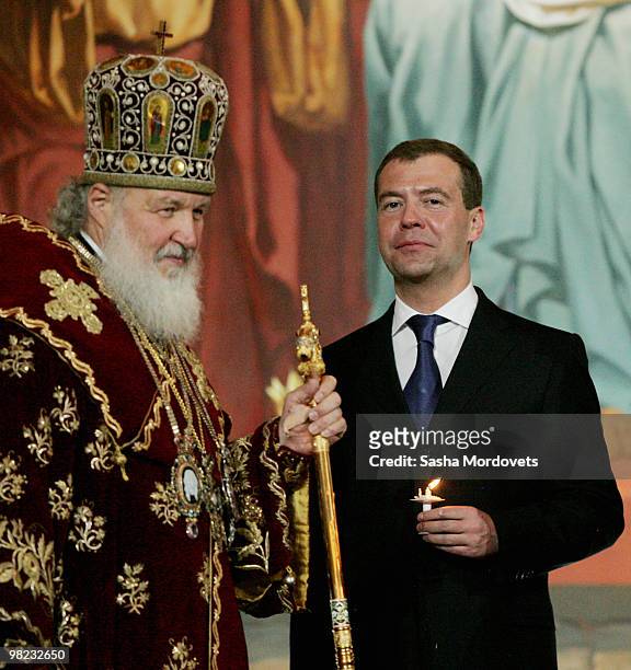Russian Orthodox Patriarch Kirill, Russian President Dmitry Medvedev attend an Easter celebration mess at the Christ The Saviour Cathedral April 4,...