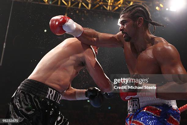 David Haye of England punches at John Ruiz of USA during the World Heavyweight Bout at the MEN Arena on April 3, 2010 in Manchester, England.
