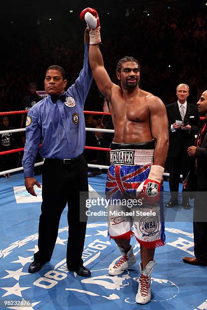 David Haye of England celebrates his 9th round victory against John Ruiz of USA during the World Heavyweight Bout at the MEN Arena on April 3, 2010...