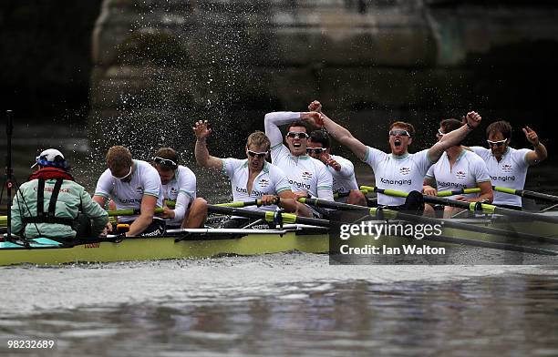 The Cambridge crew celebrate victory during the 156th Oxford and Cambridge University Boat Race on the River Thames on April 3, 2010 in London,...