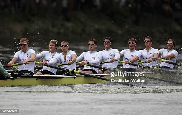 The Cambridge crew compete during the 156th Oxford and Cambridge University Boat Race on the River Thames on April 3, 2010 in London, England.