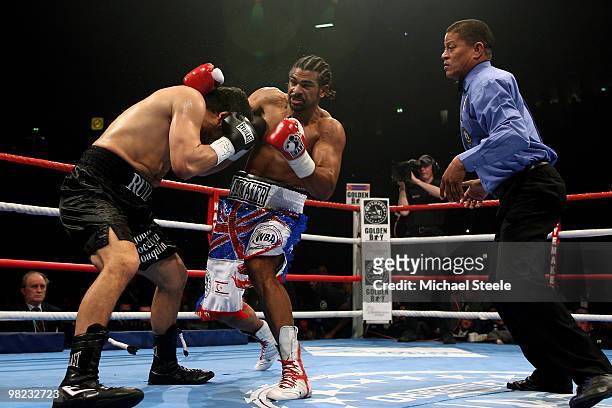 David Haye of England lands a punch on John Ruiz of USA during the World Heavyweight Bout at the MEN Arena on April 3, 2010 in Manchester, England.