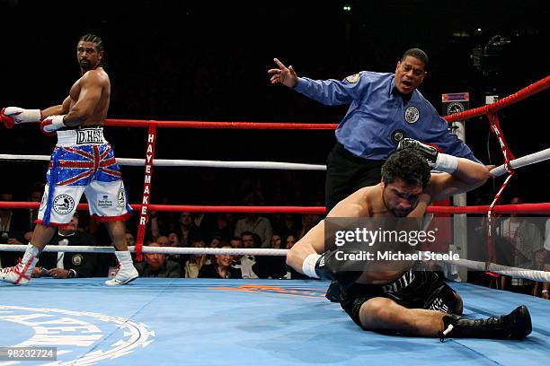 David Haye of England walks towards a neutral corner after flooring John Ruiz of USA during the World Heavyweight Bout at the MEN Arena on April 3,...