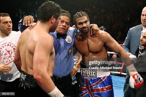 David Haye of England after his 9th round victory against John Ruiz of USA during the World Heavyweight Bout at the MEN Arena on April 3, 2010 in...