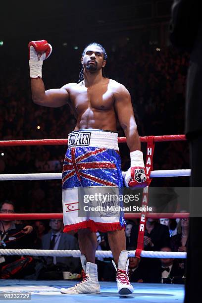David Haye is introduced to the crowd before fighting John Ruiz of USA during the World Heavyweight Bout at the MEN Arena on April 3, 2010 in...