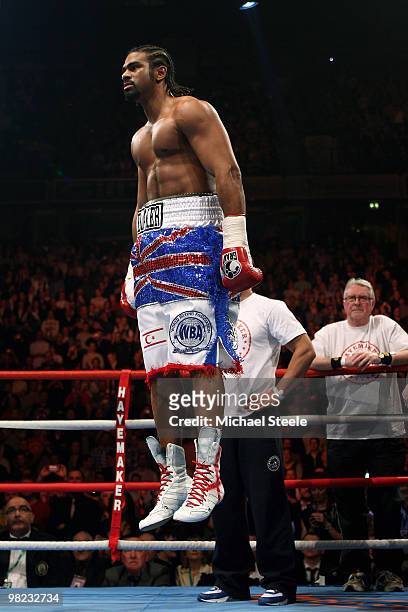 David Haye of England leaps into the air prior to the first round against John Ruiz of USA during the World Heavyweight Bout at the MEN Arena on...