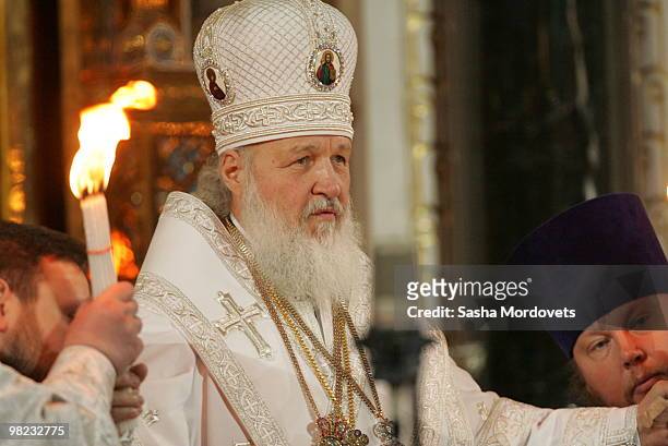 Russian Orthodox Patriarch Kirill attends an Easter celebration mess at the Christ The Saviour Cathedral April 4, 2010 in Moscow, Russia. Orthodox...
