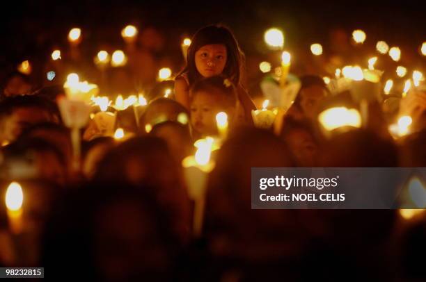 Roman Catholic devotees attend a mass in celebration of Easter Sunday outside St. Domingo Church in Quezon City, suburban of Manila on April 4, 2010....