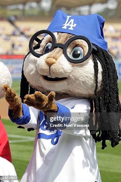 Person dressed as the character 'Simon' of the Chipmunks attends the "Alvin And The Chipmunks: The Squeakquel" DVD promotion at Dodger Stadium on...