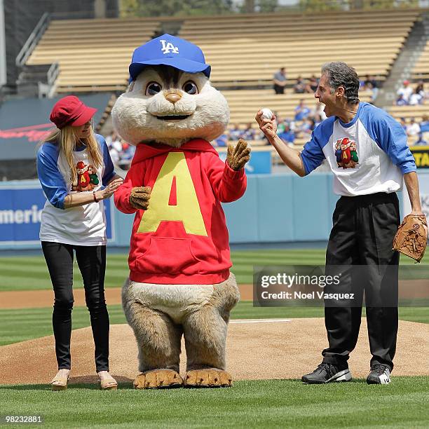 Janice Karman, a person dressed as the character 'Alvin' of the Chipmunks and Ross Bagdasarian Jr attend the "Alvin And The Chipmunks: The...