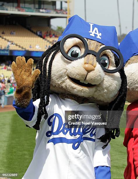 Person dressed as the character 'Simon' of the Chipmunks attends the "Alvin And The Chipmunks: The Squeakquel" DVD promotion at Dodger Stadium on...