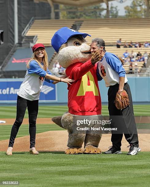 Janice Karman, a person dressed as the character 'Alvin' of the Chipmunks and Ross Bagdasarian Jr attend the "Alvin And The Chipmunks: The...