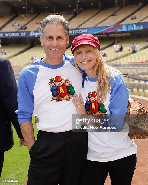 Ross Bagdasarian Jr and Janice Karman attend the "Alvin And The Chipmunks: The Squeakquel" DVD promotion at Dodger Stadium on April 3, 2010 in Los...