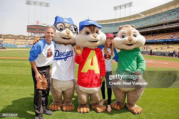 Ross Bagdasarian Jr , Janice Karman and people dressed as the characters 'Alvin, Simon and Theodore' attend the "Alvin And The Chipmunks: The...