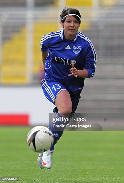 Sylvia Arnold of Jena in action during the DFB women's cup half final match between FF USV Jena and SG Essen-Schoenebeck at the Ernst-Abbe-Sportfeld...