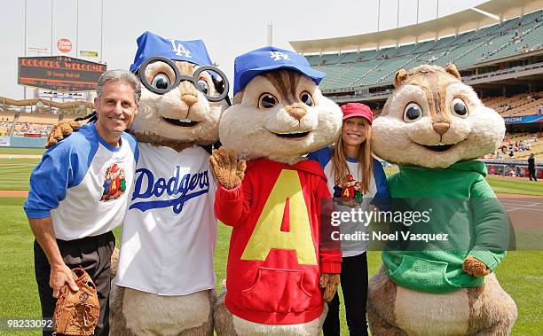 Ross Bagdasarian Jr , Janice Karman and people dressed as the characters 'Alvin, Simon and Theodore' attend the "Alvin And The Chipmunks: The...