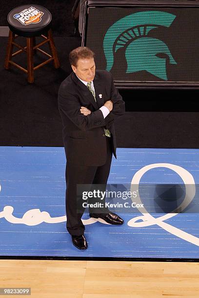 Head coach Tom Izzo of the Michigan State Spartans looks on from the sideline in the first half while taking on the Butler Bulldogs during the...