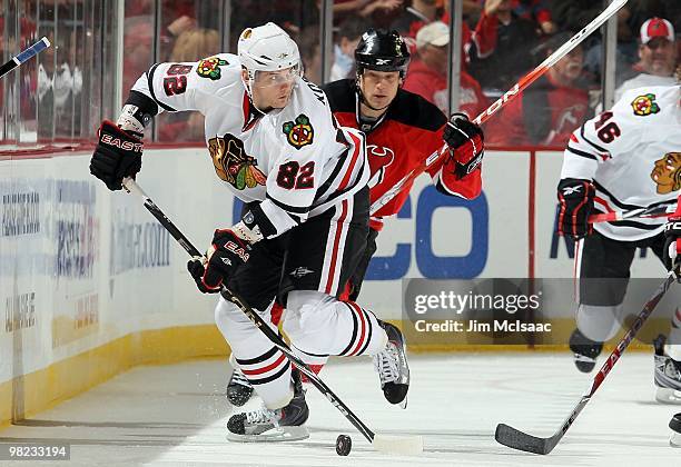 Tomas Kopecky of the Chicago Blackhawks skates against the New Jersey Devils at the Prudential Center on April 2, 2010 in Newark, New Jersey. The...