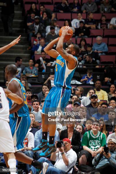 Marcus Thornton of the New Orleans Hornets shoots against the New Jersey Nets during a game on April 3, 2010 at Izod Center in East Rutherford, New...