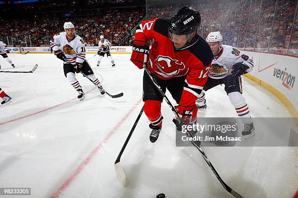 Brian Rolston of the New Jersey Devils skates against the Chicago Blackhawks at the Prudential Center on April 2, 2010 in Newark, New Jersey. The...