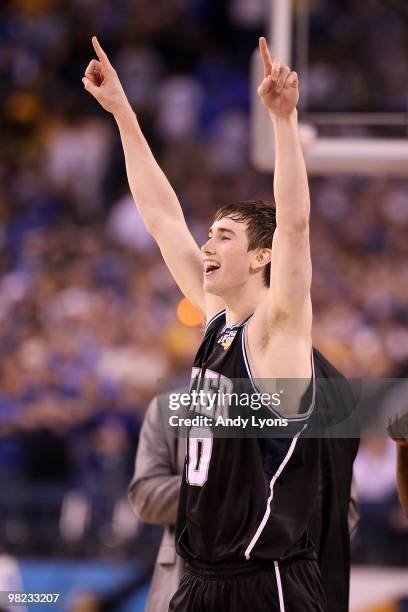 Gordon Hayward of the Butler Bulldogs reacts after defeating the Michigan State Spartans 52-50 guring the National Semifinal game of the 2010 NCAA...