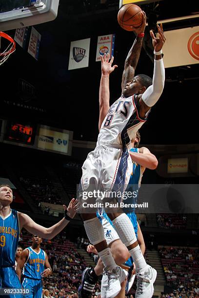 Terrence Williams of the New Jersey Nets shoots against the New Orleans Hornets during a game on April 3, 2010 at Izod Center in East Rutherford, New...