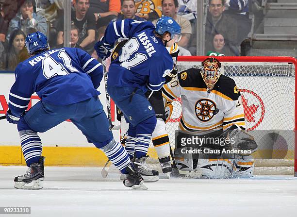 Tuukka Rask of the Boston Bruins stops a shot from Phil Kessel of the Toronto Maple Leafs in a game on April 3, 2010 at the Air Canada Centre in...
