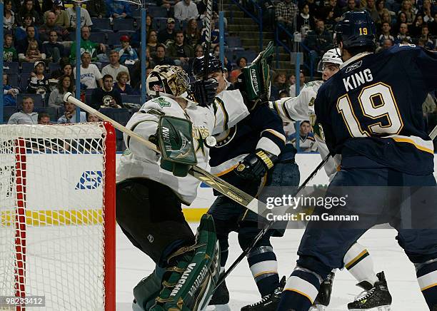 Kari Lehtonen of the Dallas Stars defends against Keith Tkachuk and D.J. King of the St. Louis Blues on April 03, 2010 at Scottrade Center in St....
