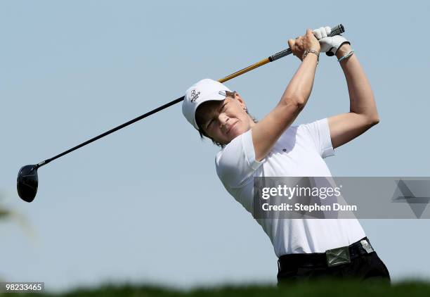 Catriona Matthew of Scotland hits her tee shot on the 11th hole during the third round of the Kraft Nabisco Championship at Mission Hills Country...