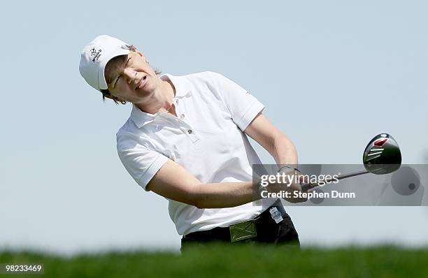 Catriona Matthew of Scotland hits her tee shot on the 11th hole during the third round of the Kraft Nabisco Championship at Mission Hills Country...