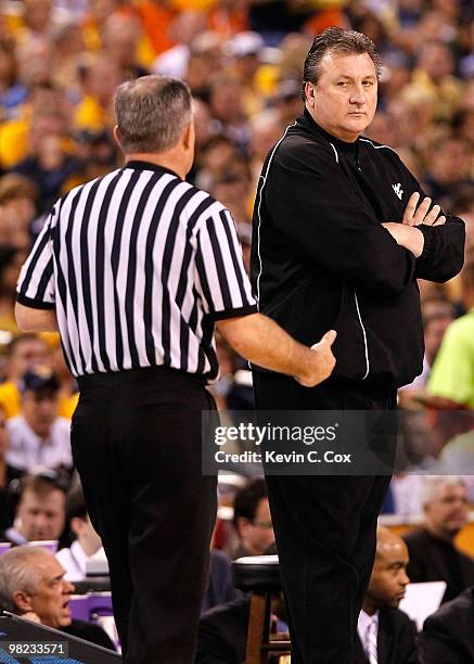 Head coach Bob Huggins of the West Virginia Mountaineers looks over at the referee in the first half while taking on the Duke Blue Devils during the...