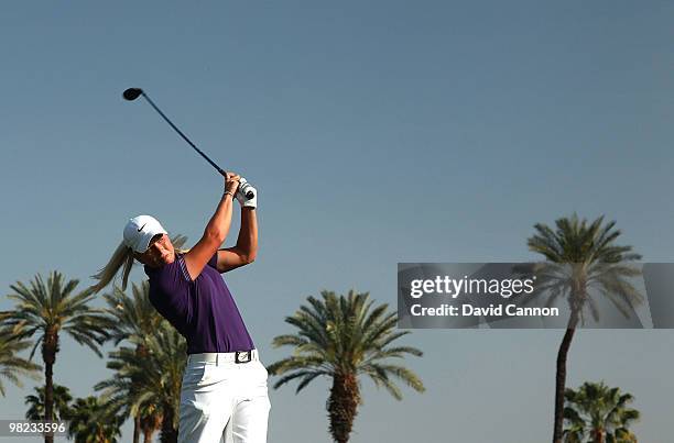 Suzann Pettersen of Norway plays her tee shot at the 16th hole during the third round of the 2010 Kraft Nabisco Championship, on the Dinah Shore...