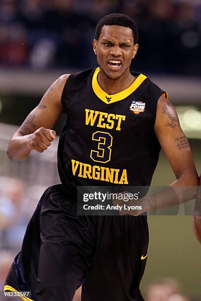 Devin Ebanks of the West Virginia Mountaineers reacts in the first half against the Duke Blue Devils during the National Semifinal game of the 2010...